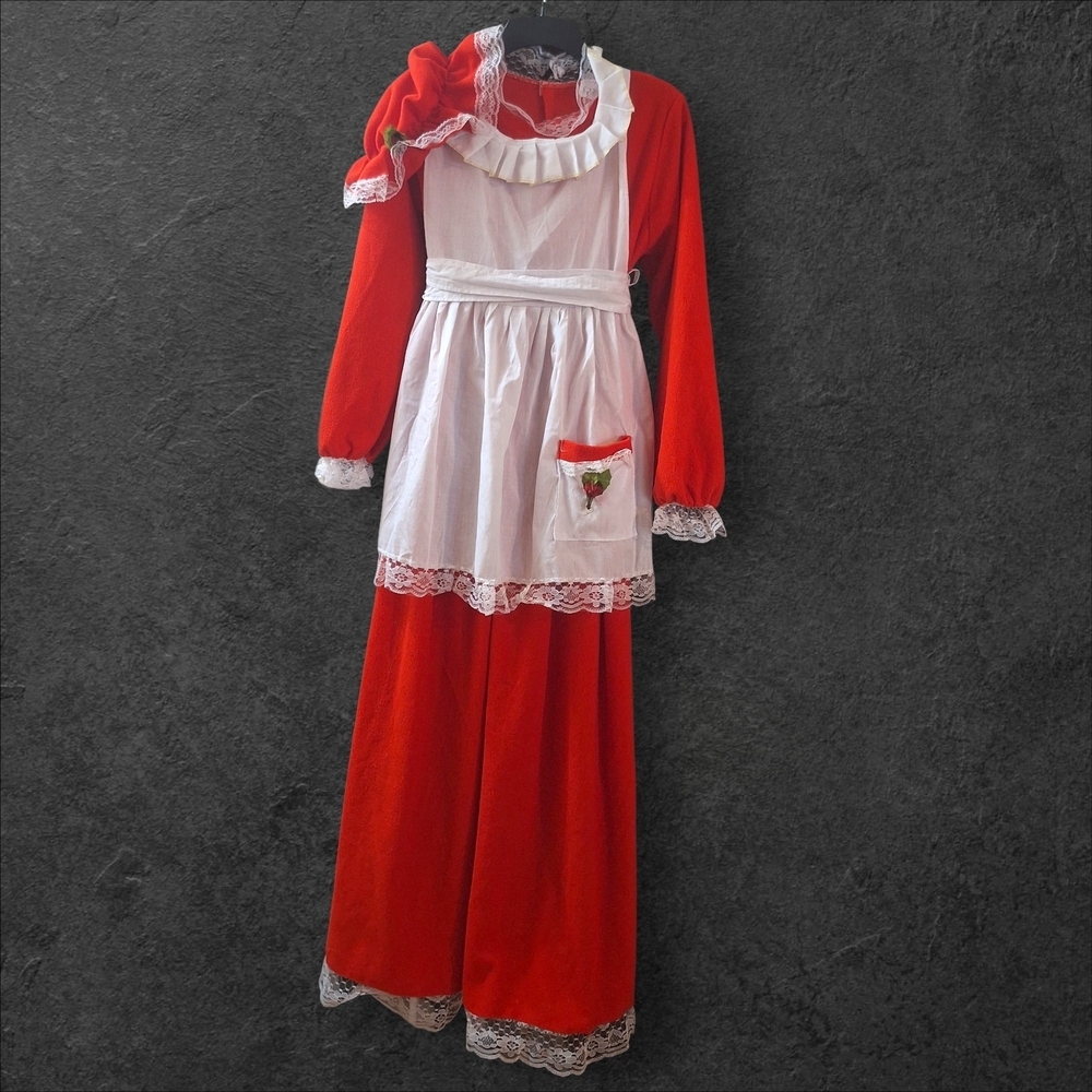 Vintage 1960s 3 pieces Red Mrs Clause Christmas Hostess Maxi Dress M/L Halloween